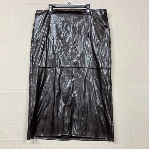 NWT A New Day Women's 14 Brown Faux Leather Midi Skirt Slit Front Side Zip - Picture 4 of 13